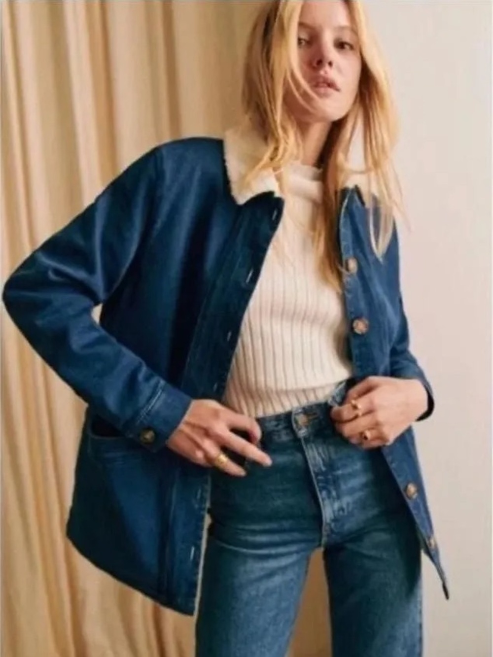 RARE Sezane Will Denim Jacket Indigo faux sheepskin/sherpa lining, size small - Picture 3 of 9